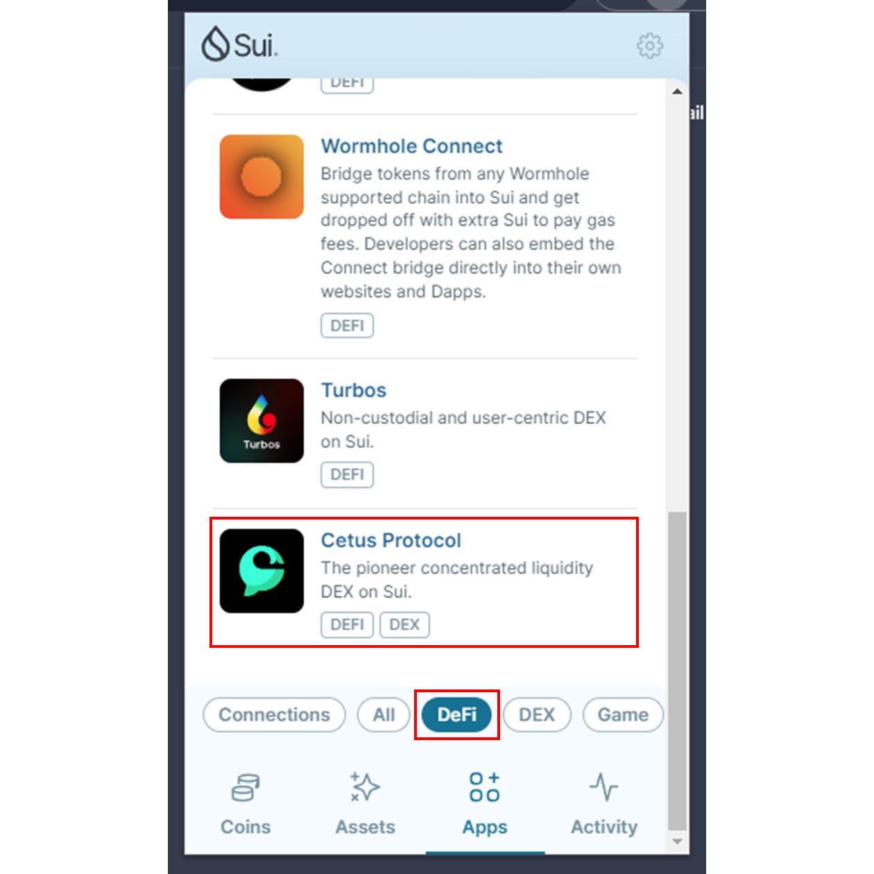 「Apps」タブ（Sui Wallet）
