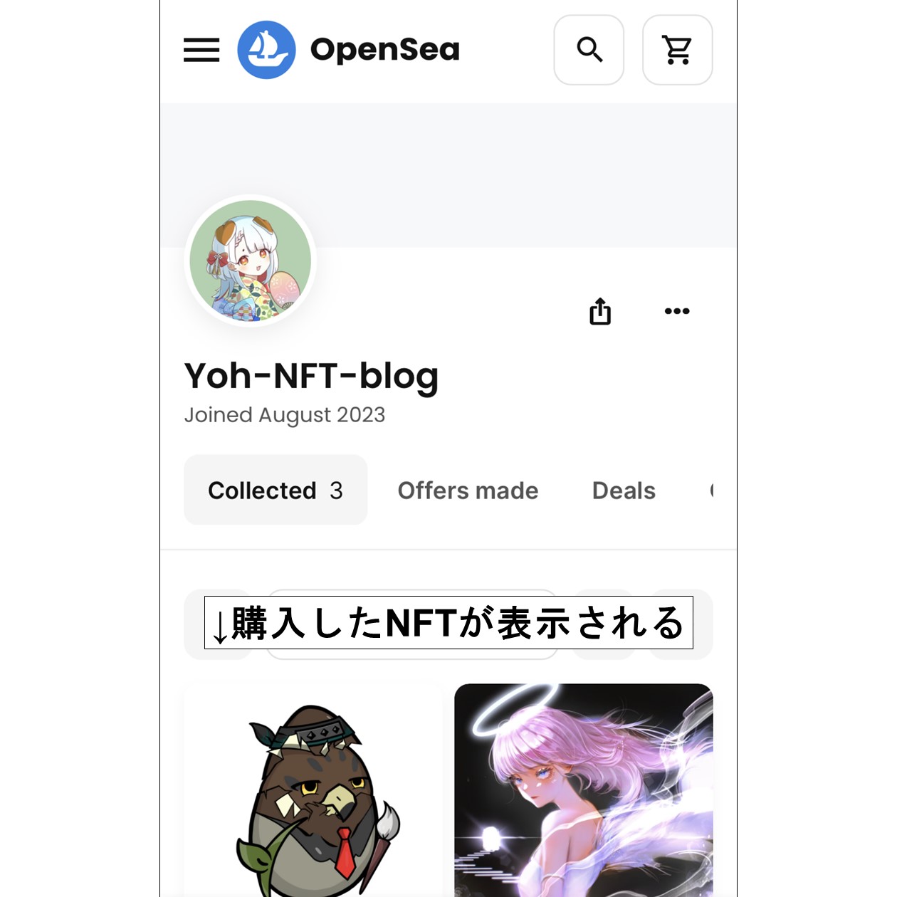 プロフィール画面（スマホ版OpenSea）