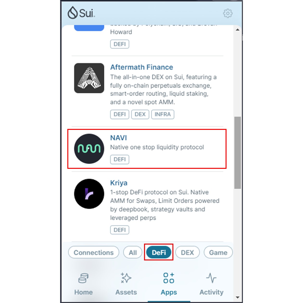 「Apps」タブ（Sui Wallet）