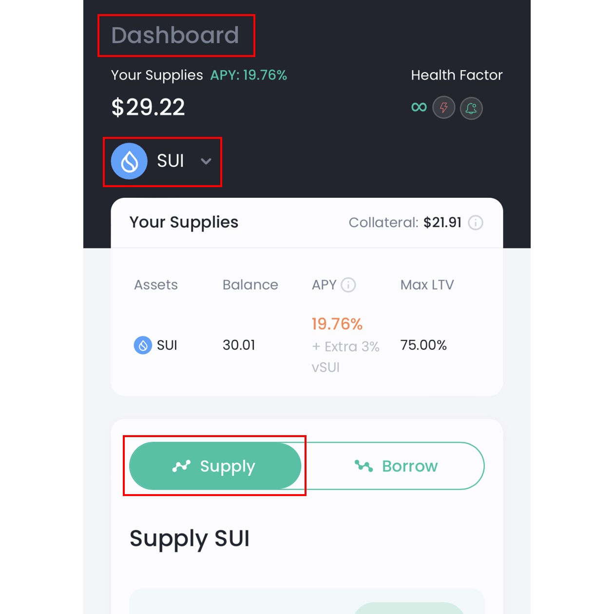 「Dashboard」画面でSUIの供給を選択した状態（NAVI）