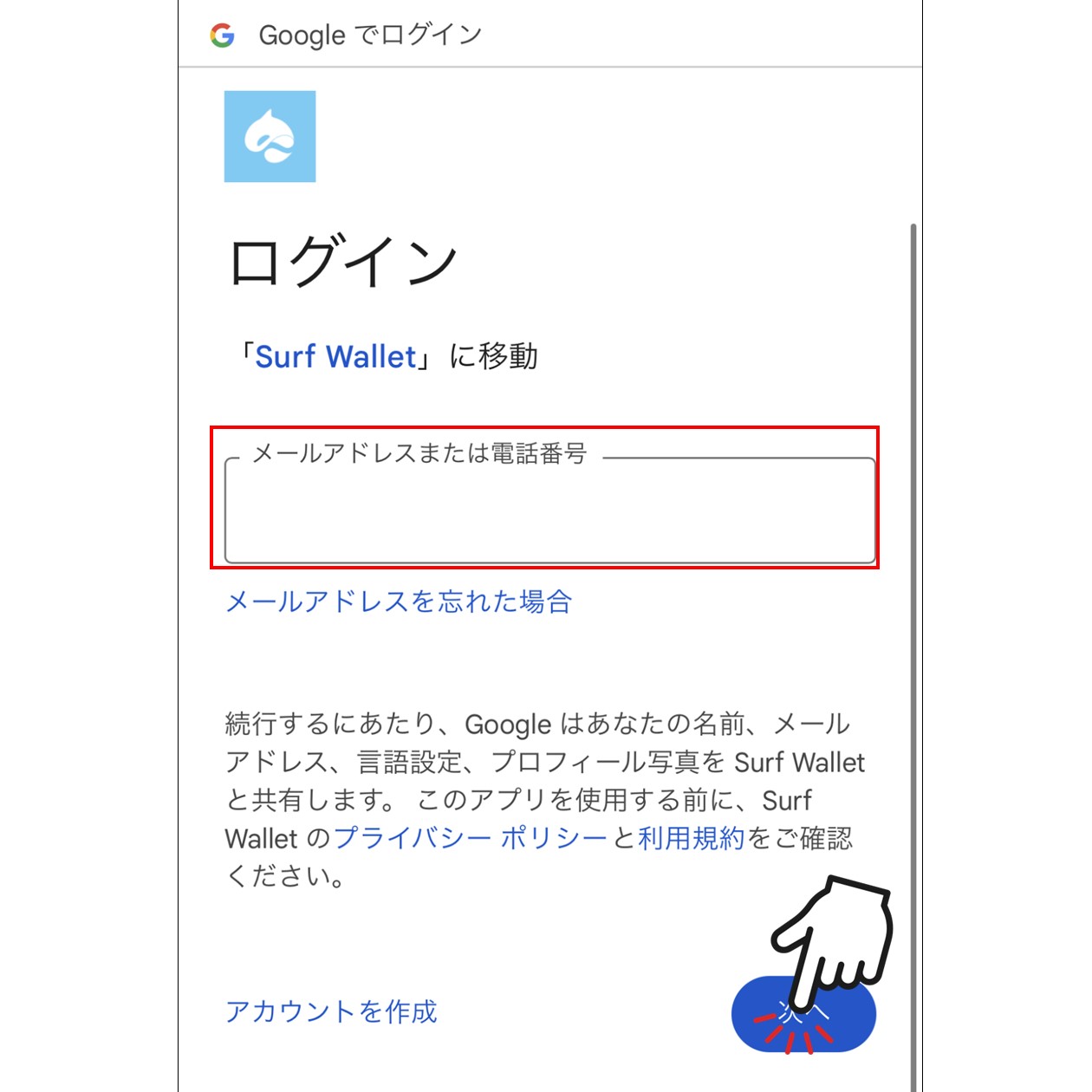 メールアドレス・電話番号の入力（Google）