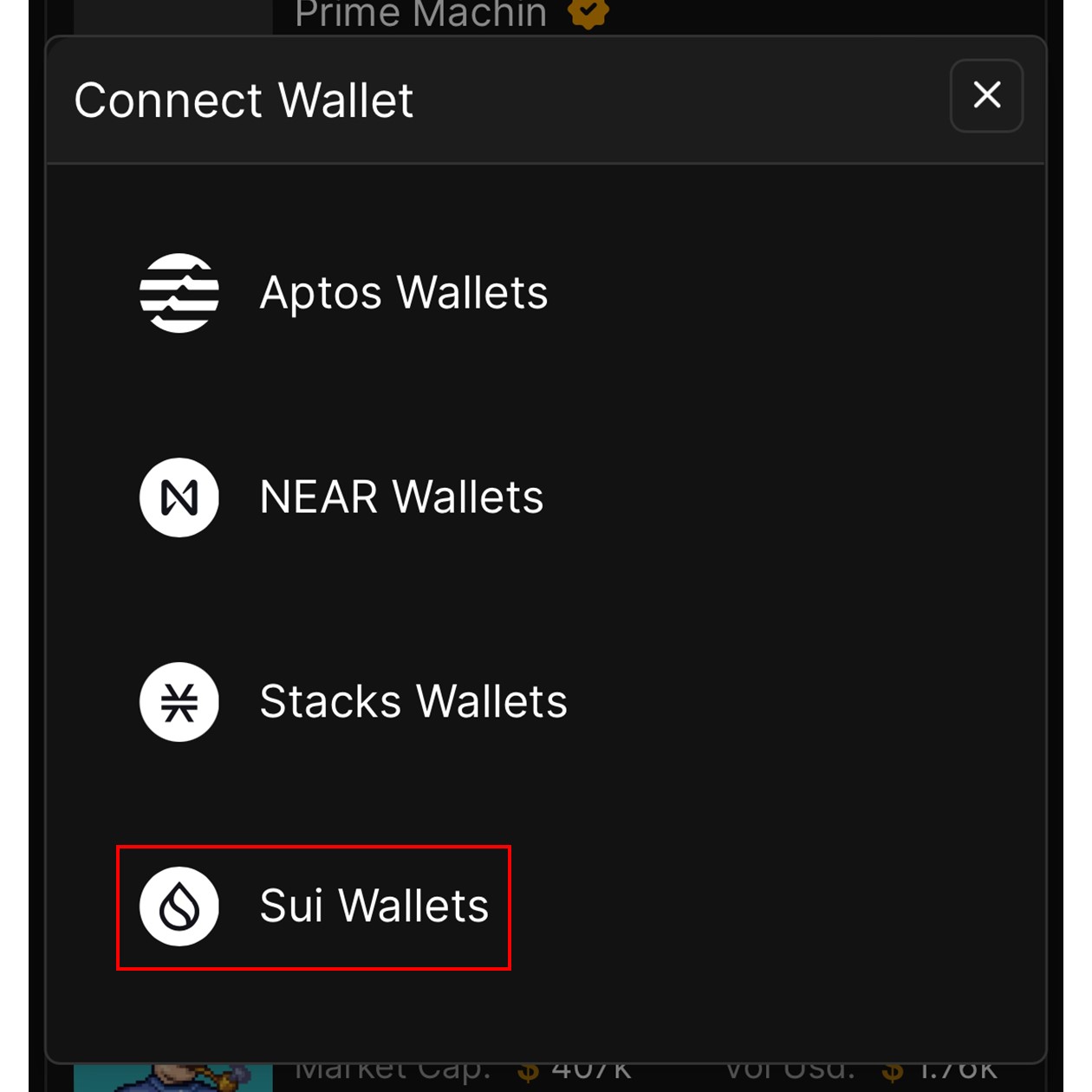 Sui Walletsを選択（TradePort）
