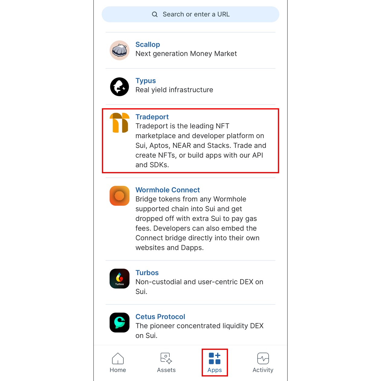 「Apps」タブ（Sui Wallet Mobile）
